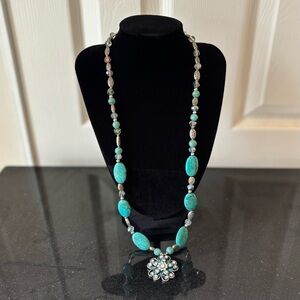 Boho Turquoise Colored Beaded Necklace with Rhinestone Pendent